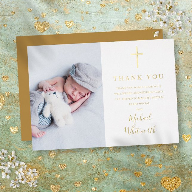 Carte de remerciement de baptême avec écriture en  (Gold Foil Script Baptism Photo Thank You Card)