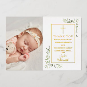 Carte de remerciement de baptême avec feuillage et