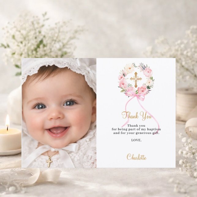 Carte de remerciement de baptême fille avec fleurs (Créateur téléchargé)