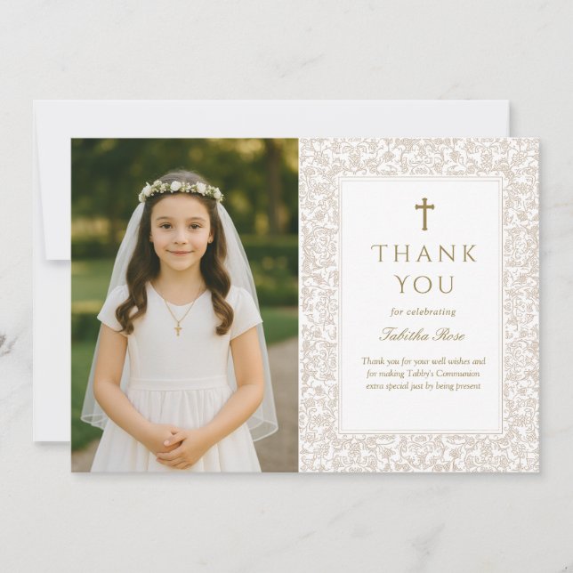 Carte de remerciement de communion florale or élég (Devant)