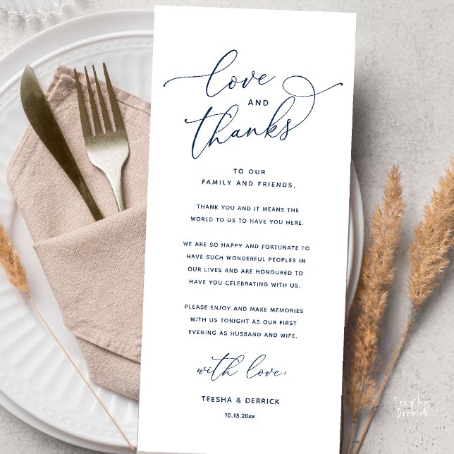 Carte de remerciement de dîner de mariage, Amour e (Love and Thanks, Wedding Romantic Reception Thank You Card in Navy Blue)
