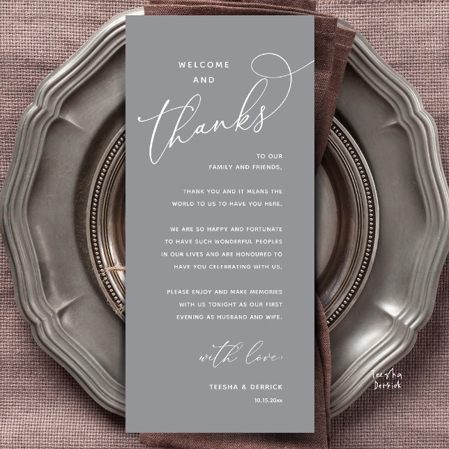 Carte de remerciement de dîner de mariage, Bienven (Welcome and Thanks, Happily Ever After Modern Wedding Dinner Thank You Card in Classy Dark Grey)