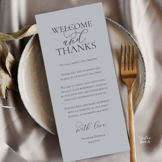 Carte de remerciement de dîner de mariage Bienvenu (Welcome and Thanks Wedding Reception Dinner Thank You Card in Charcoal Chill Grey)
