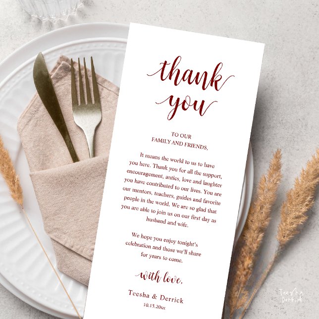 Carte de remerciement de dîner de mariage rustique (Modern Rustic Wedding Dinner Thank You Card Reception Lunch Brunch Reception in Burgundy Wine Red)