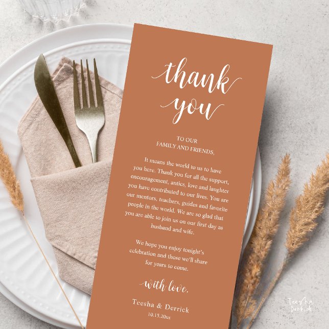Carte de remerciement de dîner de mariage rustique (Modern Rustic Wedding Dinner Thank You Card Reception Lunch Brunch Reception in Copper Brown)
