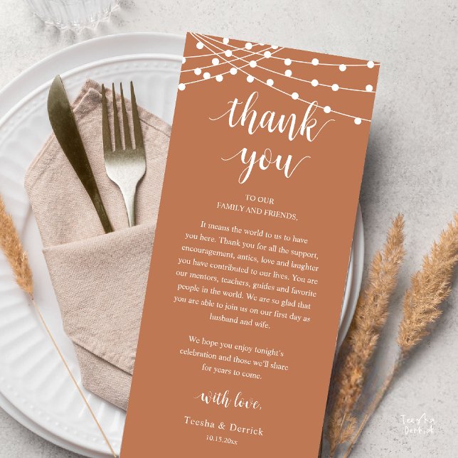 Carte de remerciement de dîner de mariage rustique (Modern Rustic Wedding Dinner Thank You Card Reception Reception String Lights Copper Brown)