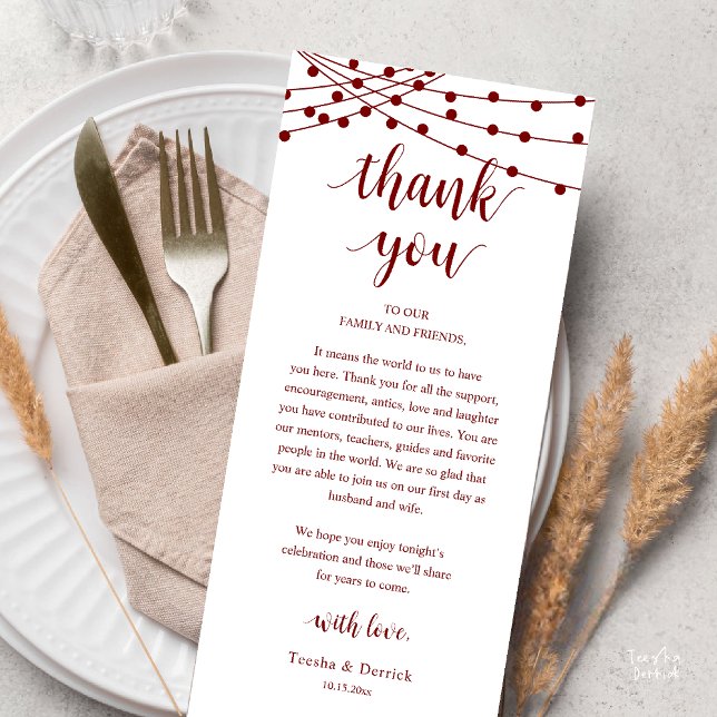 Carte de remerciement de dîner de mariage rustique (Modern Rustic Wedding Dinner Thank You Card Reception Reception String Lights Burgundy Wine Red)