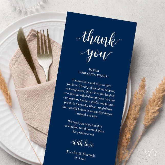Carte de remerciement de dîner de mariage rustique (Modern Rustic Wedding Dinner Thank You Card Reception Lunch Brunch Reception in Navy Blue)