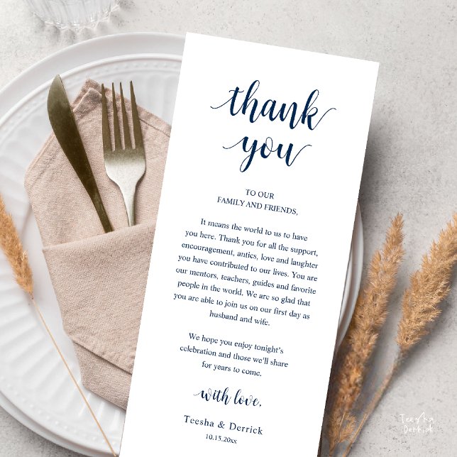 Carte de remerciement de dîner de mariage rustique (Modern Rustic Wedding Dinner Thank You Card Reception Lunch Brunch Reception in Navy Blue)