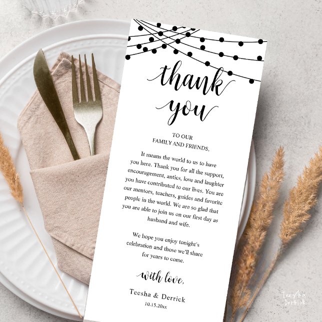 Carte de remerciement de dîner de mariage rustique (Modern Rustic Wedding Dinner Thank You Card, Reception string lights, Black and White)