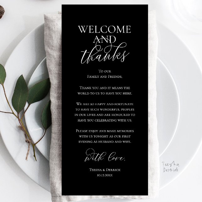 Carte de remerciement de dîner de mariage Welcome  (Welcome and Thanks Wedding Reception Dinner Celebration Thank You Card in Classy Black)