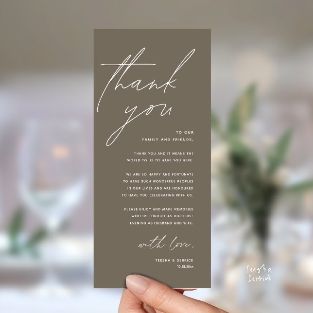 Carte de remerciement de dîner de réception de mar (Modern Wedding Reception Dinner Lunch Brunch Party Thank You Card in warm taupe brown)