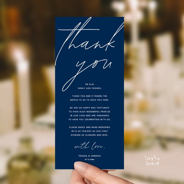 Carte de remerciement de dîner de réception de mar (Modern Wedding Reception Dinner Lunch Brunch Party Thank You Card in navy blue)