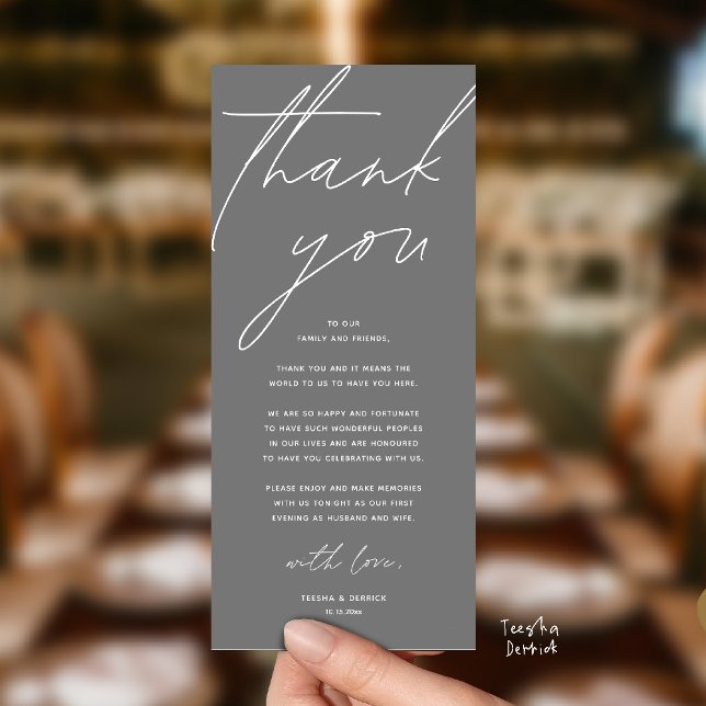 Carte de remerciement de dîner de réception de mar (Modern Wedding Reception Dinner Lunch Brunch Party Thank You Card in dark grey)