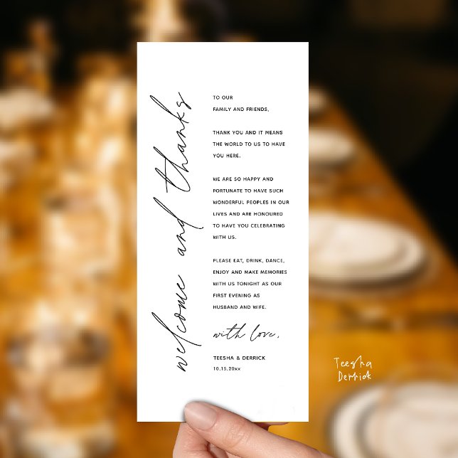 Carte de remerciement de dîner de réception de mar (Welcome and thanks, Modern Wedding Reception Dinner Thank You card, family friends in Black White)