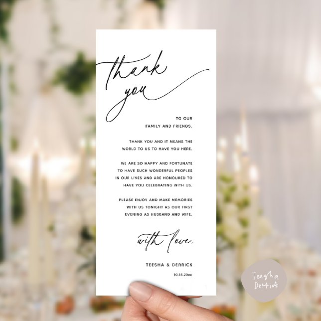 Carte de remerciement de dîner de réception de mar (Romantic Wedding Reception Dinner Thank You Card in Black and White)