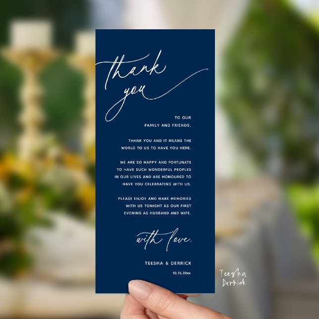 Carte de remerciement de dîner de réception de mar (Romantic Wedding Reception Dinner Thank You Card in Navy Blue)