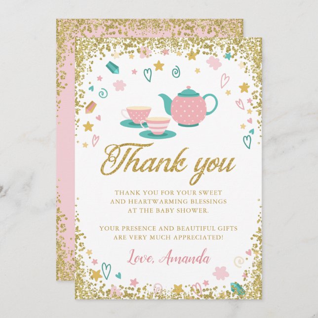 Carte de remerciement de fête de thé à paillettes  (Devant / Derrière)