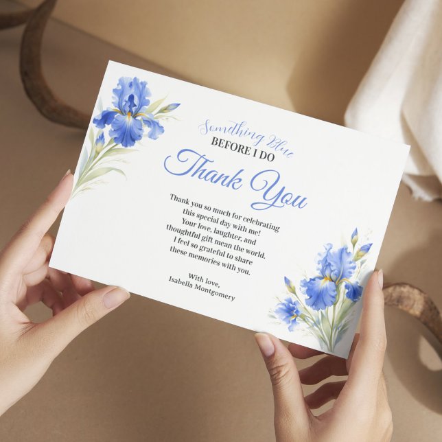 Carte de remerciement de fiançailles Something Blu (Floral Something Blue Bridal Shower Thank You Card Horizontal)