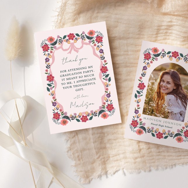 Carte de remerciement de fin d'études avec ruban f (Floral Graduation Ribbon Fram Thank You Photo Card)
