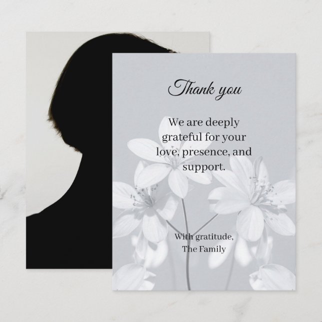 Carte de remerciement de funérailles à fleurs gris (Devant / Derrière)