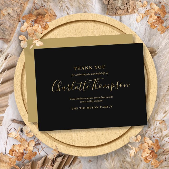 Carte de remerciement de funérailles élégante en o (Elegant Gold Funeral Memorial Thank You Card)
