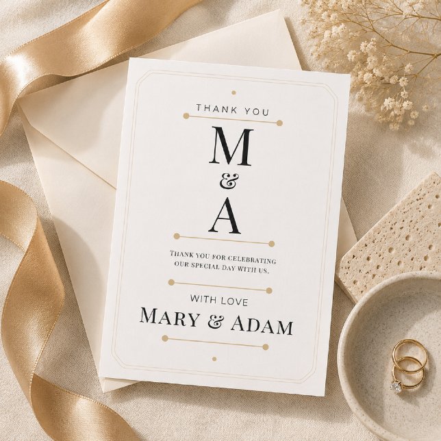 Carte de remerciement de luxe minimale avec monogr (Elegant Monogram Thank You Card for a timeless luxury wedding celebration.)