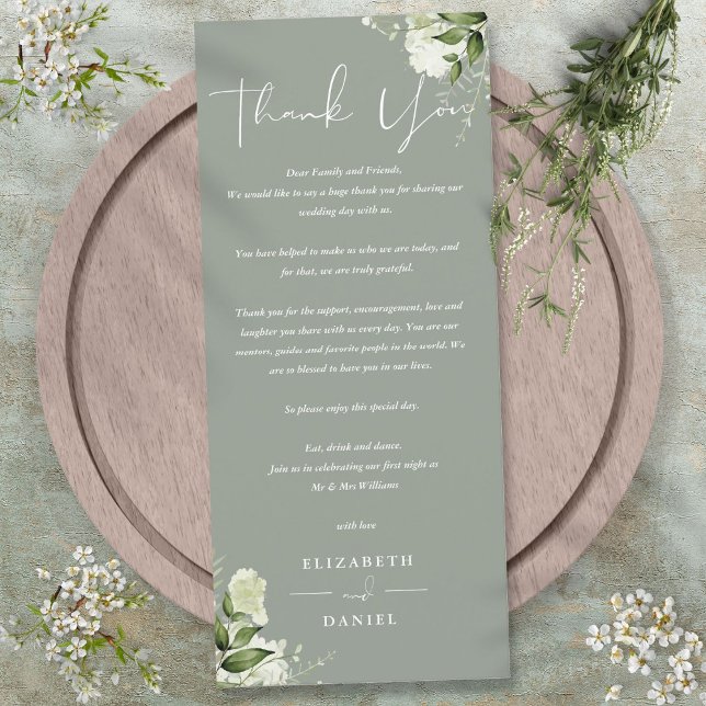 Carte de remerciement de mariage à la verdure vert (Sage Green Greenery Wedding Thank You Place Card)