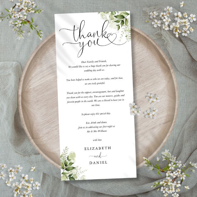 Carte de remerciement de mariage à l'écriture verd (Greenery Script Wedding Thank You Place Card)