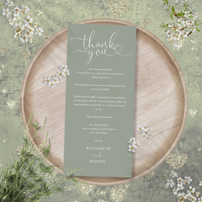 Carte de remerciement de mariage à l'écriture vert (Sage Green Script Wedding Thank You Place Card)