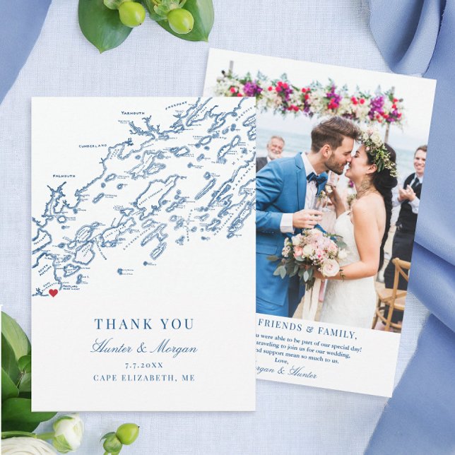 Carte de remerciement de mariage à plat Cape Eliza (These Cape Elizabeth Maine photo thank you cards are perfect for your destination wedding in maine)
