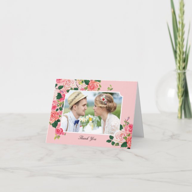 Carte de remerciement de mariage aux roses vintage (Devant)