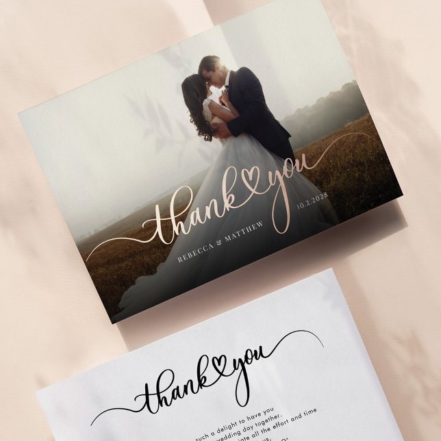 Carte de remerciement de mariage avec écriture en  (Wedding Thank You Couples Photos Rose Gold Foil Card)