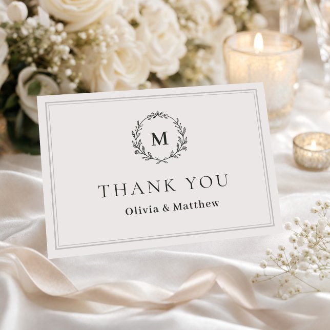 Carte de Remerciement de Mariage Élégante Monogram (Elegant Wedding Thank You Card | Luxury Hunter Green Monogram Stationery)