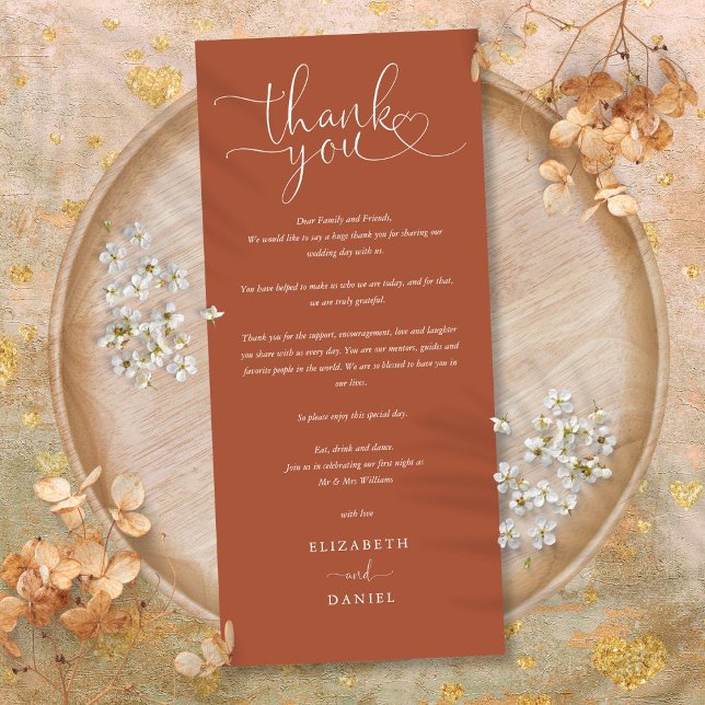Carte de remerciement de mariage en écriture Terra (Terracotta Script Wedding Thank You Place Card)