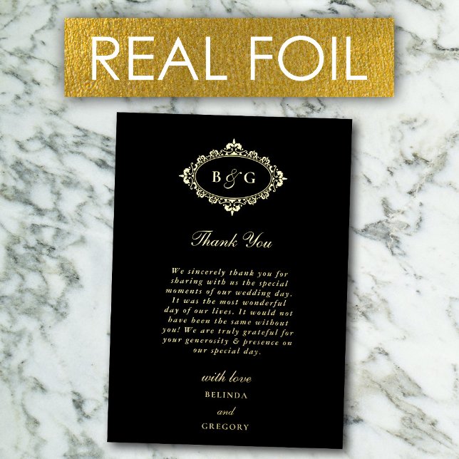 Carte de remerciement de mariage en véritable feui (Real Gold Foil Wreath Black Wedding Thank You Card)
