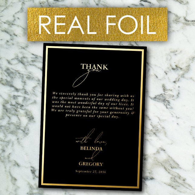 Carte de remerciement de mariage en véritable feui (Real Gold Foil Black & Gold Wedding Thank You Card)
