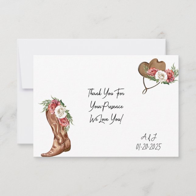 CARTE DE REMERCIEMENT DE MARIAGE FLEURIE COWGIRL (Devant)