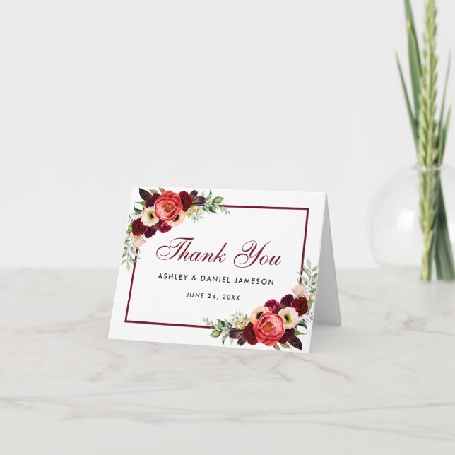 Carte de remerciement de mariage floral boho burgu (Devant)