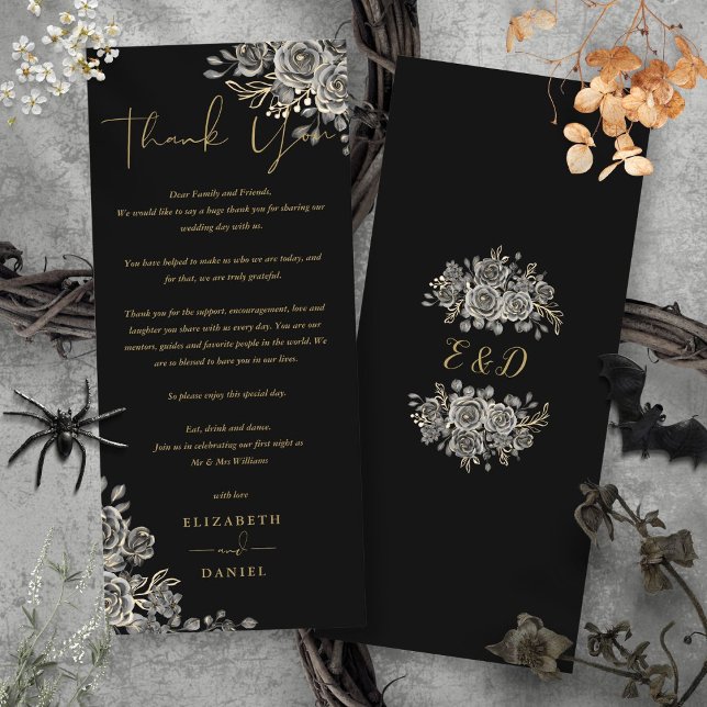 Carte de remerciement de mariage floral de roses g (Gothic Roses Floral Wedding Thank You Place Card)