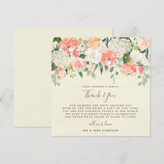 carte de remerciement de mariage florale pêche (Devant / Derrière)