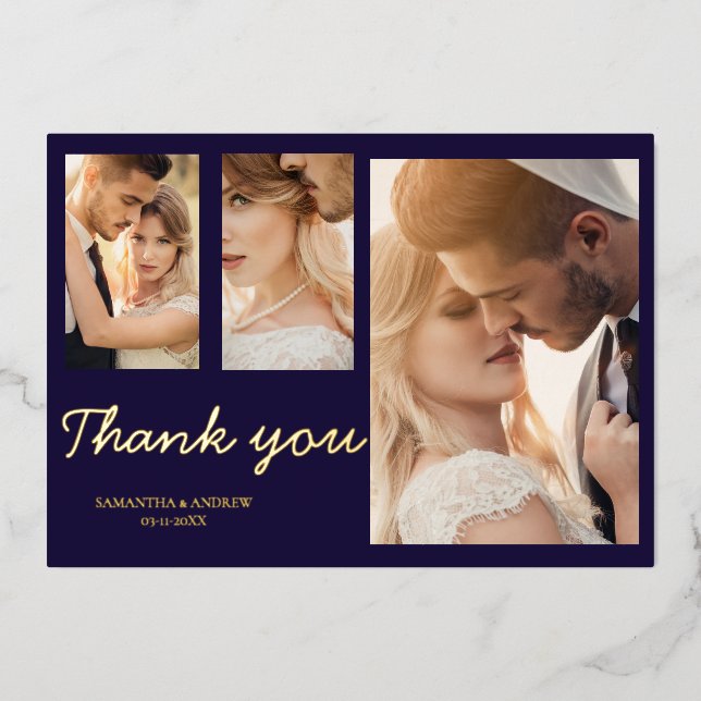 Carte de remerciement de mariage moderne bleu mari (Recto)