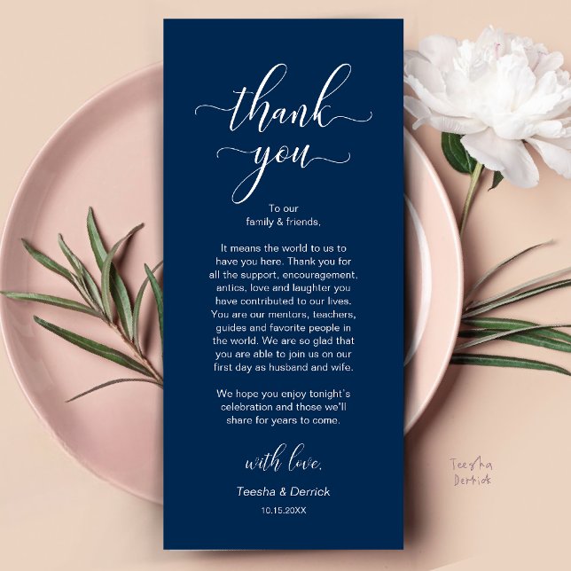 Carte de remerciement de mariage moderne pour le d (Modern Wedding Dinner Place Setting Thank You Card in Navy Blue)