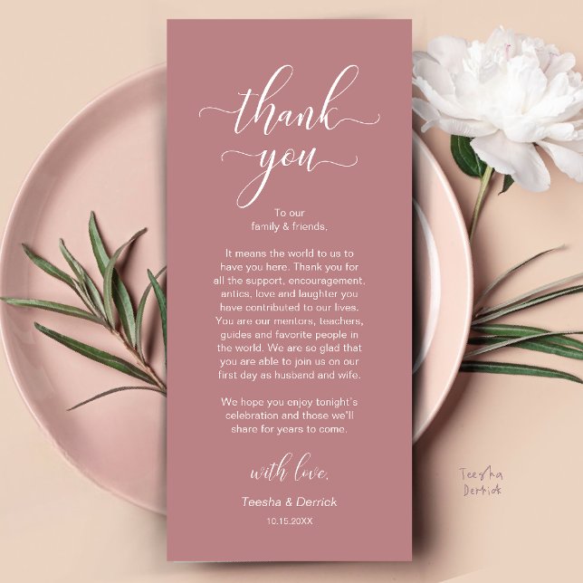 Carte de remerciement de mariage moderne pour le d (Modern Wedding Dinner Place Setting Thank You Card in Dusty Rose Pink)