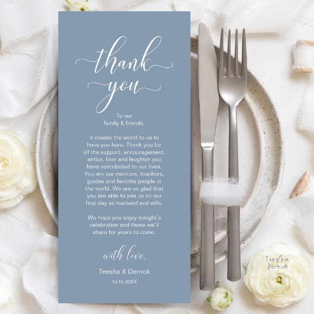 Carte de remerciement de mariage moderne pour le d (Modern Wedding Dinner Place Setting Thank You Card in Dusty Blue)