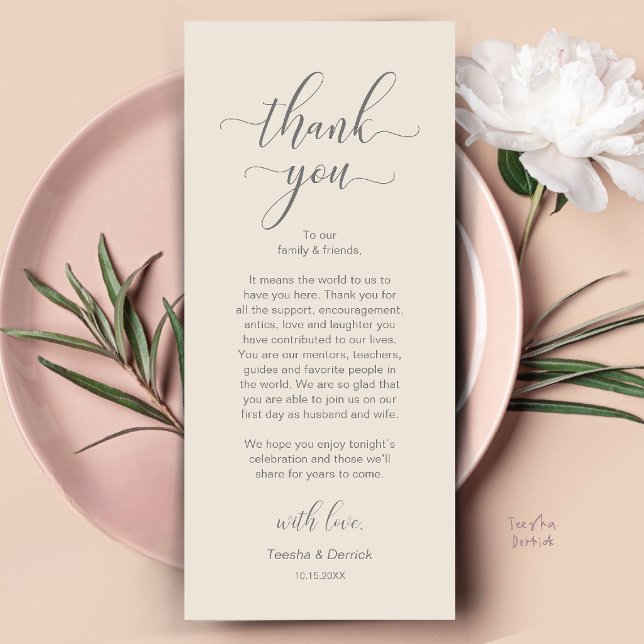 Carte de remerciement de mariage moderne pour le d (Modern Wedding Dinner Place Setting Thank You Card in Cream and Grey)