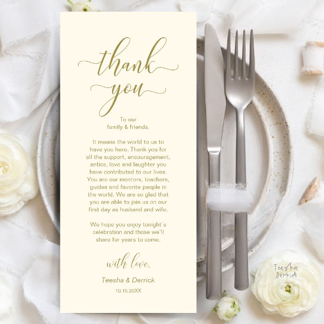 Carte de remerciement de mariage moderne pour le d (Modern Wedding Dinner Place Setting Thank You Card in Gold and Cream)