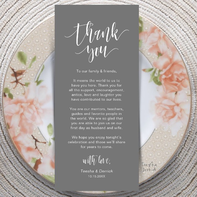 Carte de remerciement de mariage moderne pour le d (Modern Wedding Dinner Place Setting Thank You Card in Dark Grey)