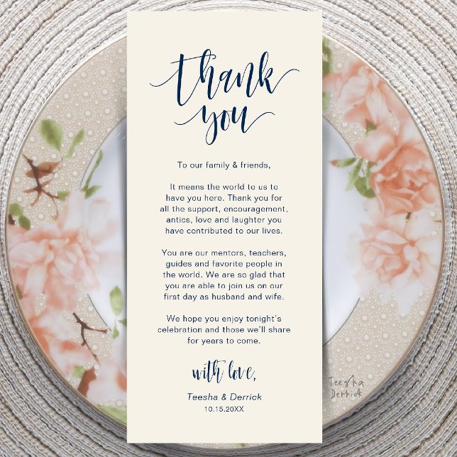 Carte de remerciement de mariage moderne pour le d (Modern Wedding Dinner Place Setting Thank You Card in Navy Blue and Ivory)
