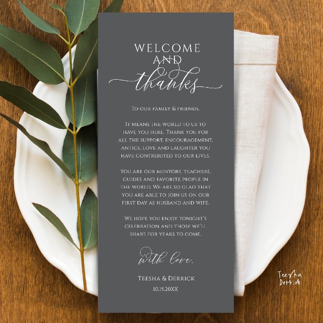 Carte de remerciement de mariage moderne pour le d (Modern Wedding Dinner Place Setting Thank You Card in dark grey)